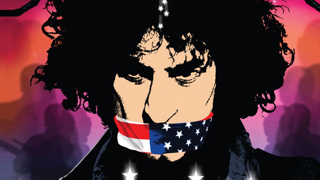 Illustrated headshot of Abbie Hoffman with an American flag tied as a gag around his mouth