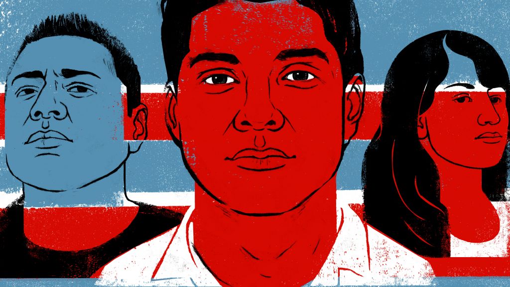 Illustration in red,, white, and blue of two Latino men and a woman.