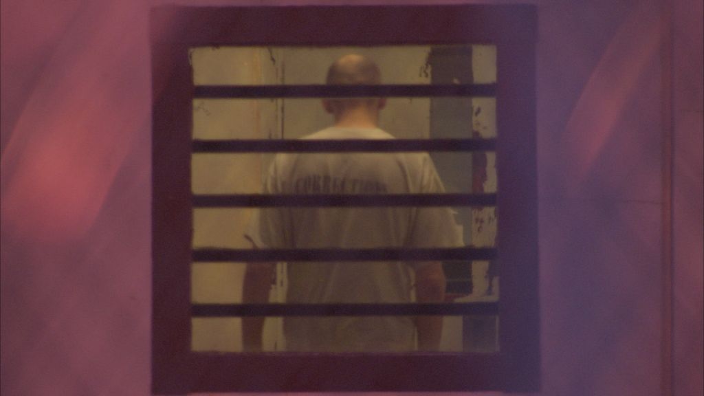 Inmate viewed from the other side of a barred prison door.