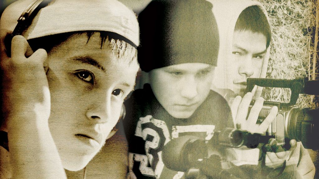 A photo collage of three young men with filming equipment