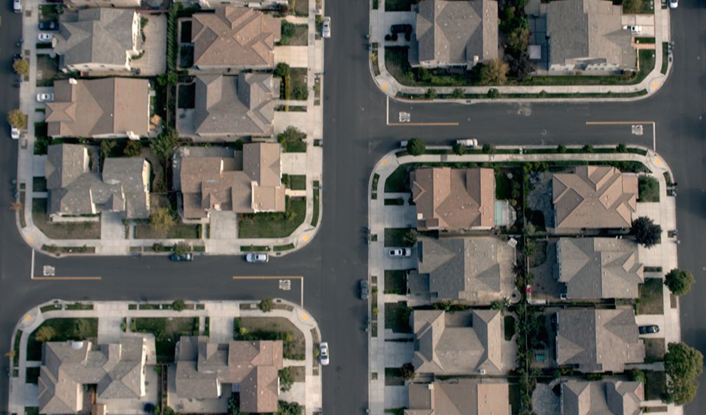 Aerial view of American suburb.