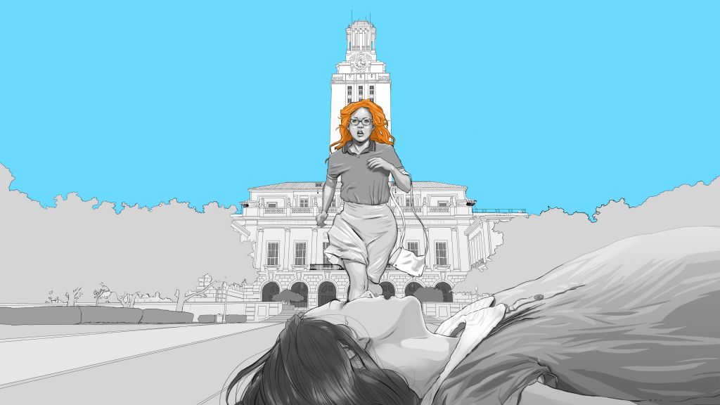 From TOWER: Animated scene with young pregnant woman who has been shot, lying on ground as another student comes to her rescue, with Unov of Texas Tower in background