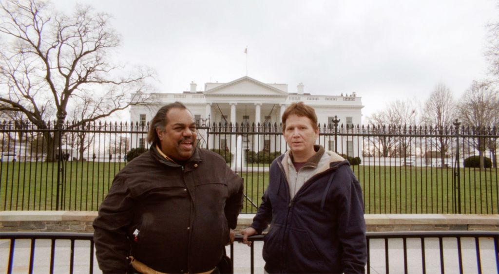 Former Klansman Scott Shepherd (right), with Daryl Davis, in front of the White House, in Accidental Courtesy