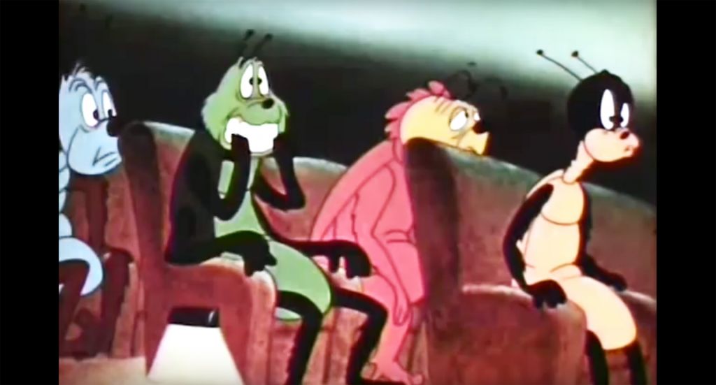 Cartoon insects freaking out, from "DDT is Harmless to Humans" 1946 PSA, public domain