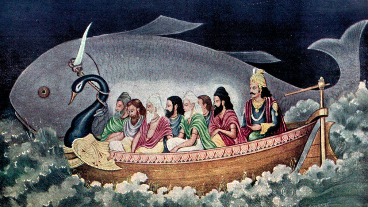 An ancient painting of the Hindu myth of the flood, showing 8 men in a swan-shaped boat sailing alongside a large fish or whale, who is pulling them.