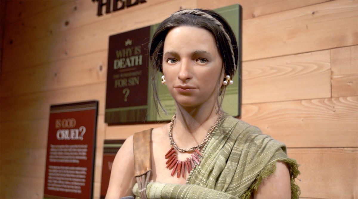 An animatronic woman depicting a wife of one of Noah's sons in a museum show about the biblical story of the Ark and the flood.