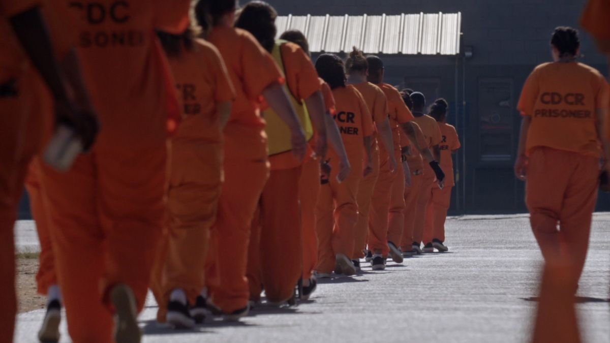 women in prison wearing orange jumpsuits lining up