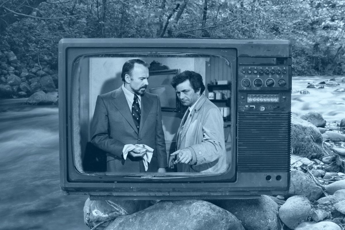 Composite image of a vintage TV on a creek with a episode of Colombo playing on it