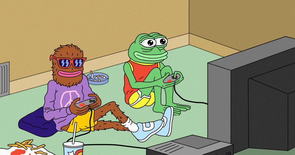 From animation of Pepe the Frog playing a video game with pal, from Matt Furie art