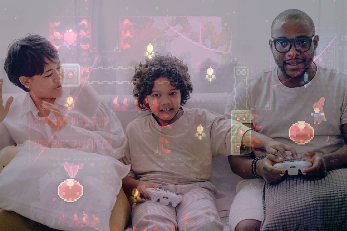 A family plays a video game while images of the game are superimposed over them.