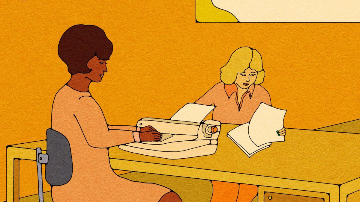 Illustration of two women — one with dark skin tone, one with light skin tone — working in an office and wearing 1970s fashions.