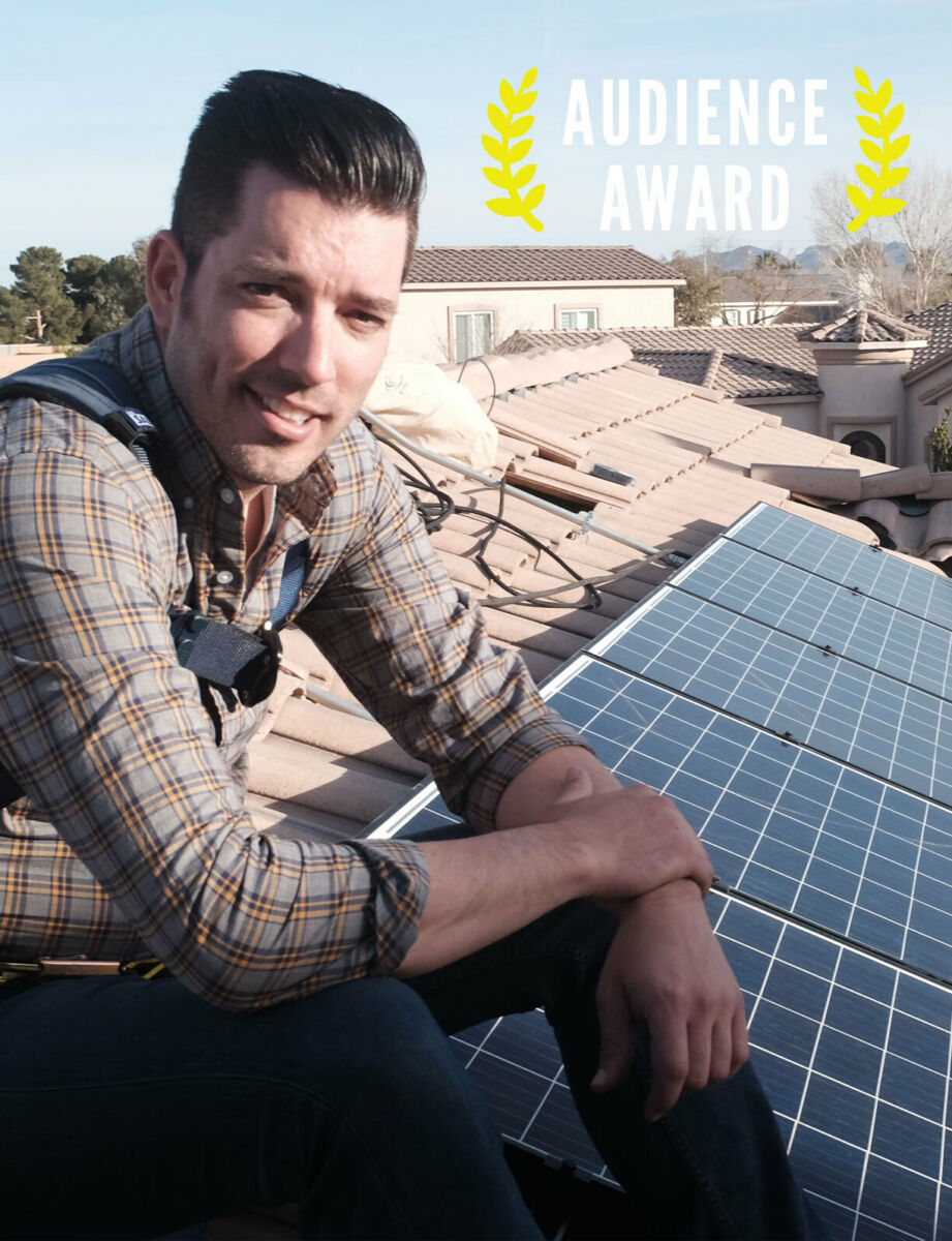 Audience Award laurels atop Jonathan Scott Power Trip image with Scott atop a roof with solar panels