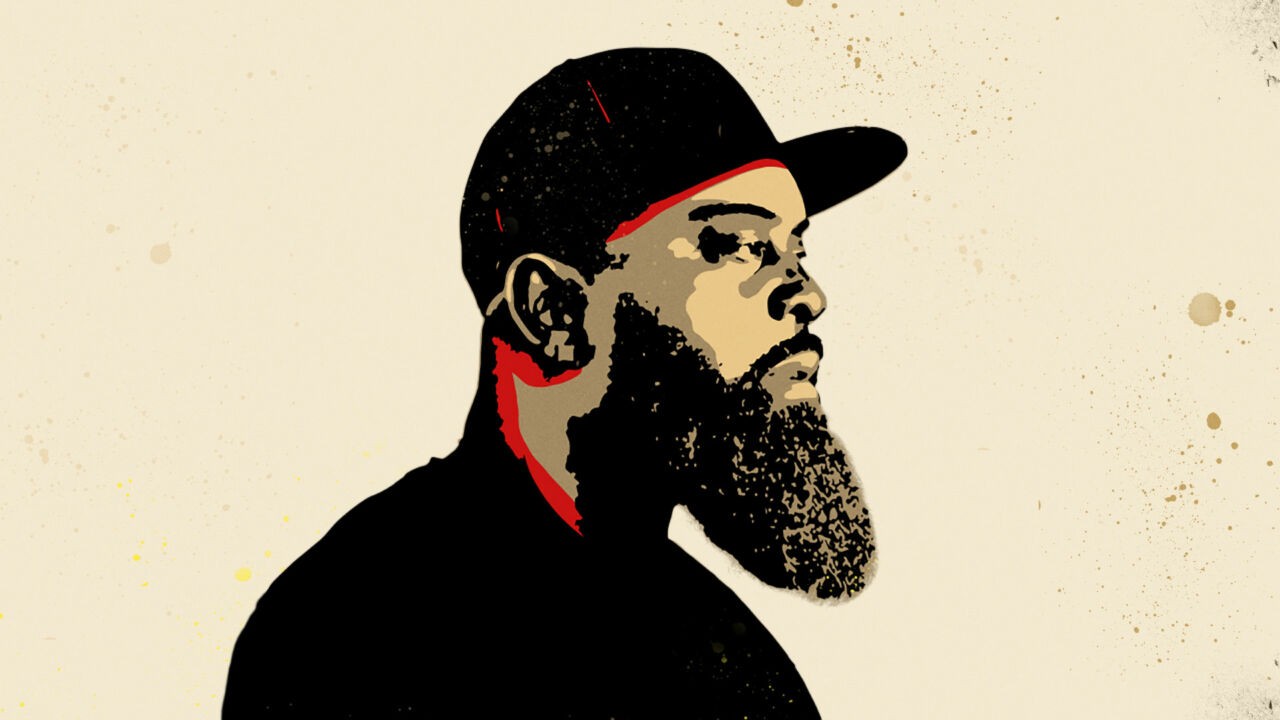 Illustration of Michael Brown Sr., father of Michael Brown, looking into the distance. He has a long beard and wears a baseball hat.