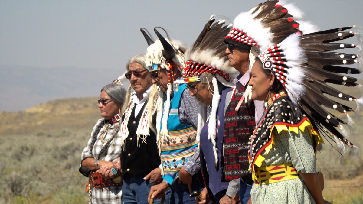 Tribals members pay their respects at Little Chief's reburial at Sharp Nose Cemetery, Wind River Reservation, WY (From Left: Fay Ann Soldier Wolf, Mark Soldier Wolf, Hubert Friday, Nelson White, Crawford White, Yufna Soldier Wolf), 2017