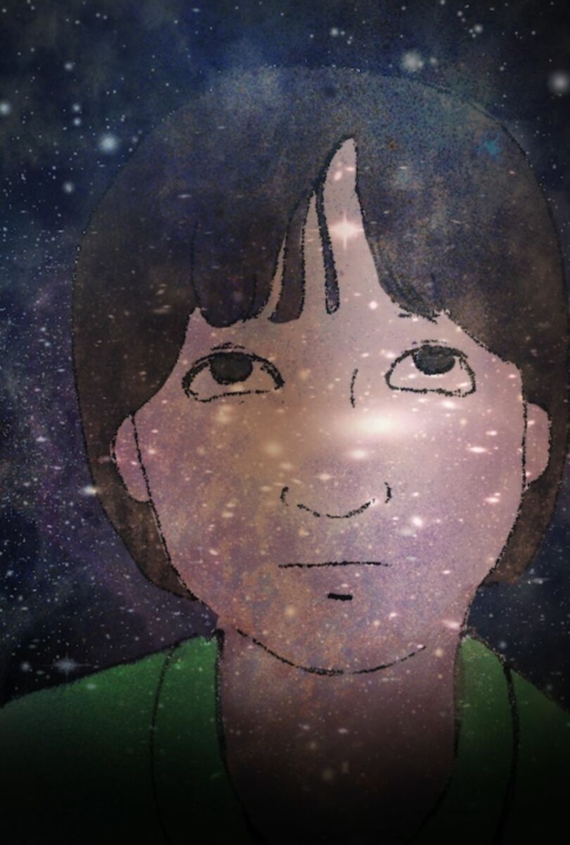 Illustrated image of a young boy's face with light skin tone and brown hair as he looks upwards towards a starry sky.