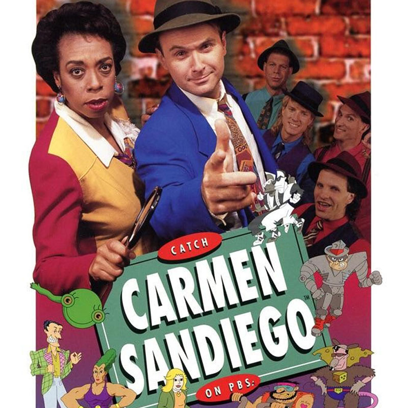 Poster for PBS educational show "Where in the World is Carmen Sandiego" showing members of the cast in costume and illustrations of the TV show's characters.