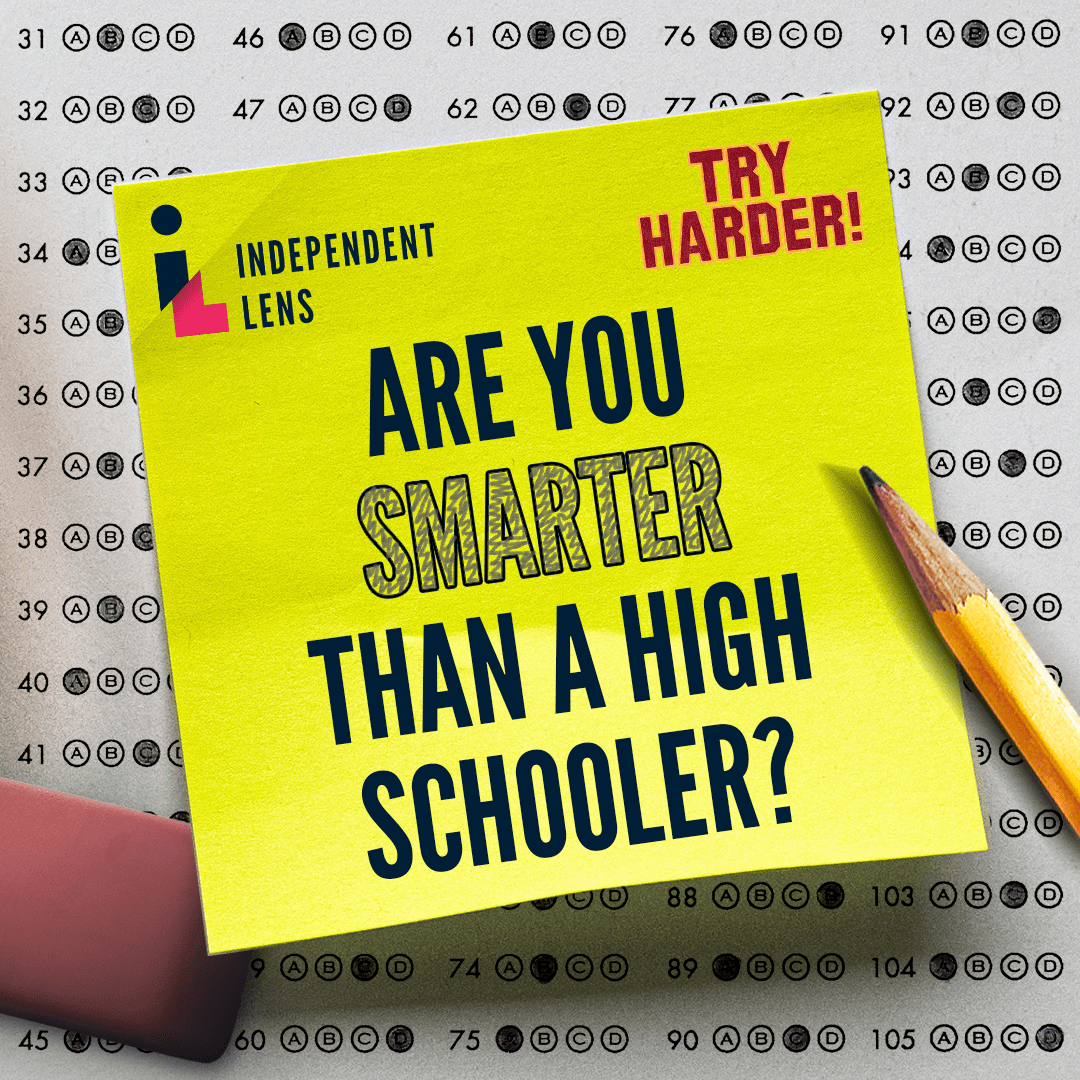 A scantron sheet from a standardized test with a yellow post-it stuck to it reading "Are you smarter than a high schooler?"