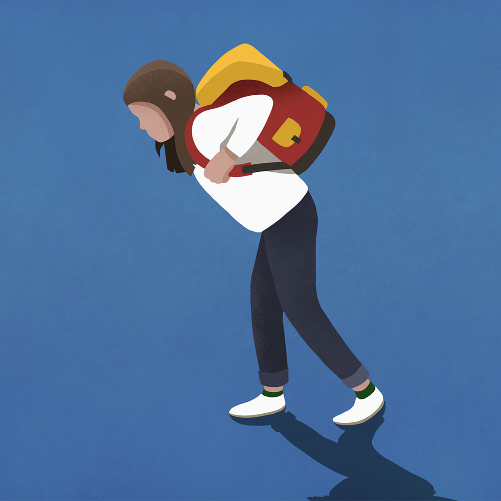 An illustration of a young girl weighed down by a heavy red and yellow backpack.