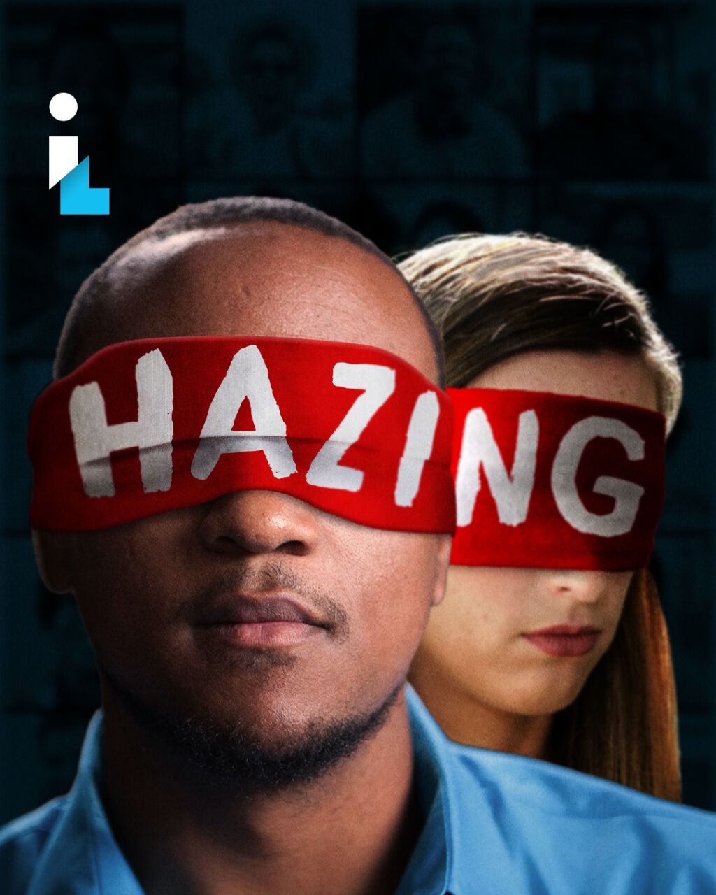 Film poster for "Hazing" showing a young man with medium-dark skin tone and a young woman with light skin tone. Over both their eyes is a red blindfold that says the word "Hazing" on it.