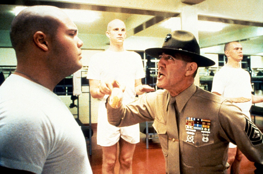 Screengrab from the film "Full Metal Jacket" shows a military leader screaming at a solider played by Vincent D'Onofrio.