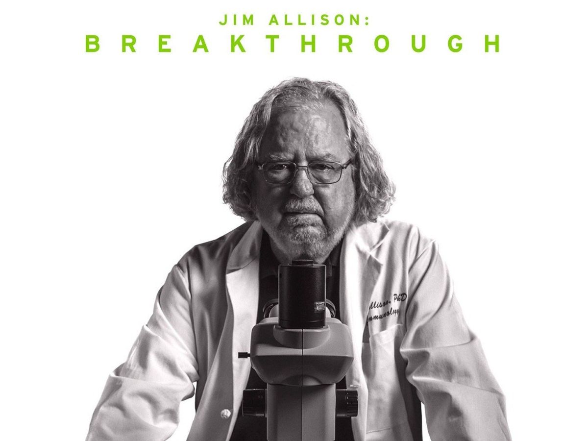 Film poster for "Jim Allison: Breakthrough" showing a black and white image of a man standing over a microscope.