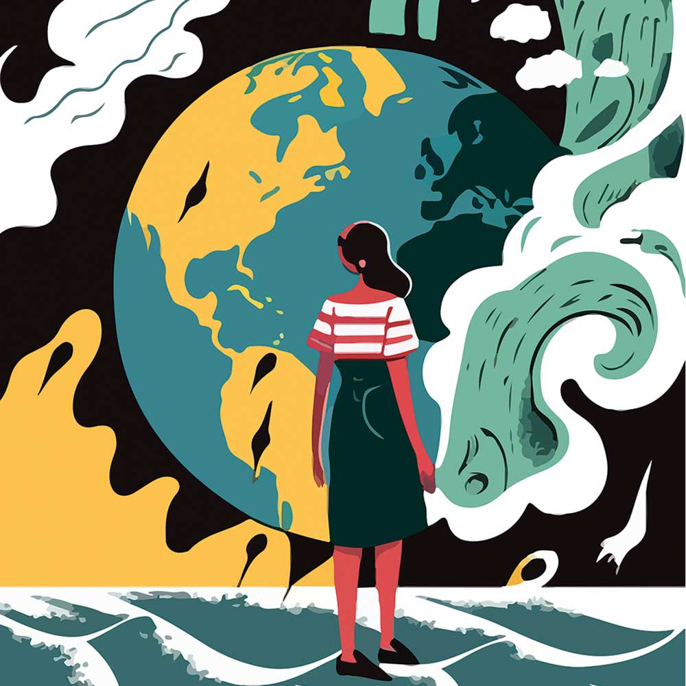 Illustration of a woman standing in front of the Earth, surrounded by waves, clouds, and weather patterns.