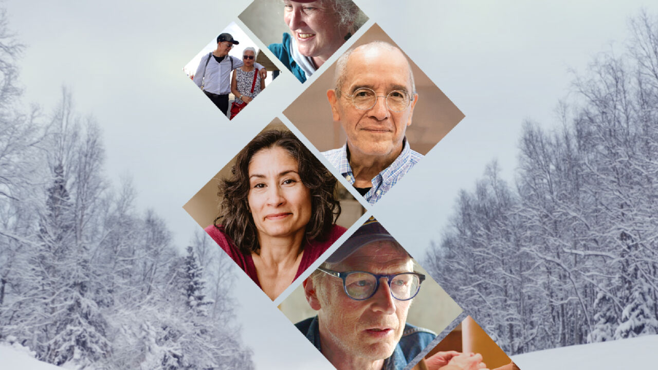 Six diamonds, each showing the face of a character from "Matter of Mind: My Parkinson's", are overlaid over a background of a snowy forest.