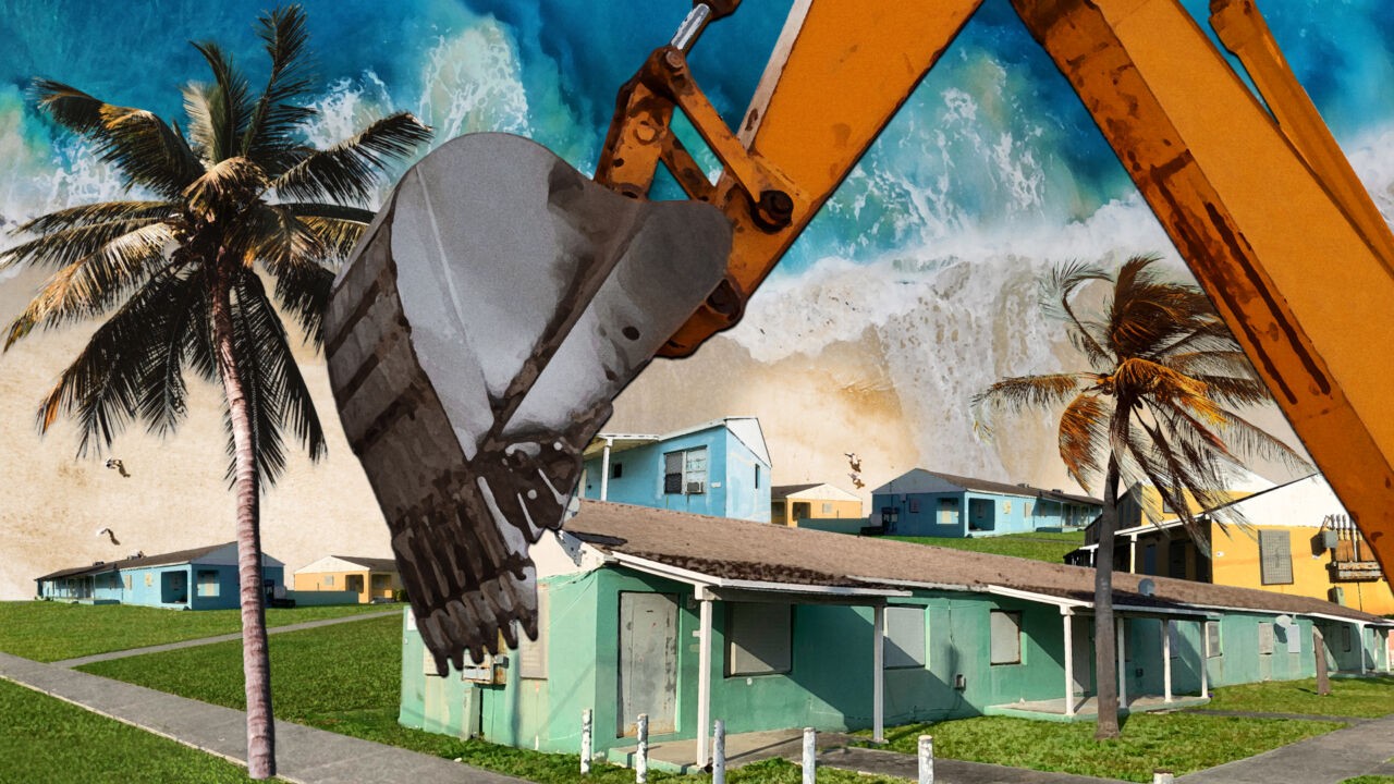 Stylized poster with a bulldozer superimposed over a colorful housing project with palm trees. Above the housing project is an image of the shoreline.