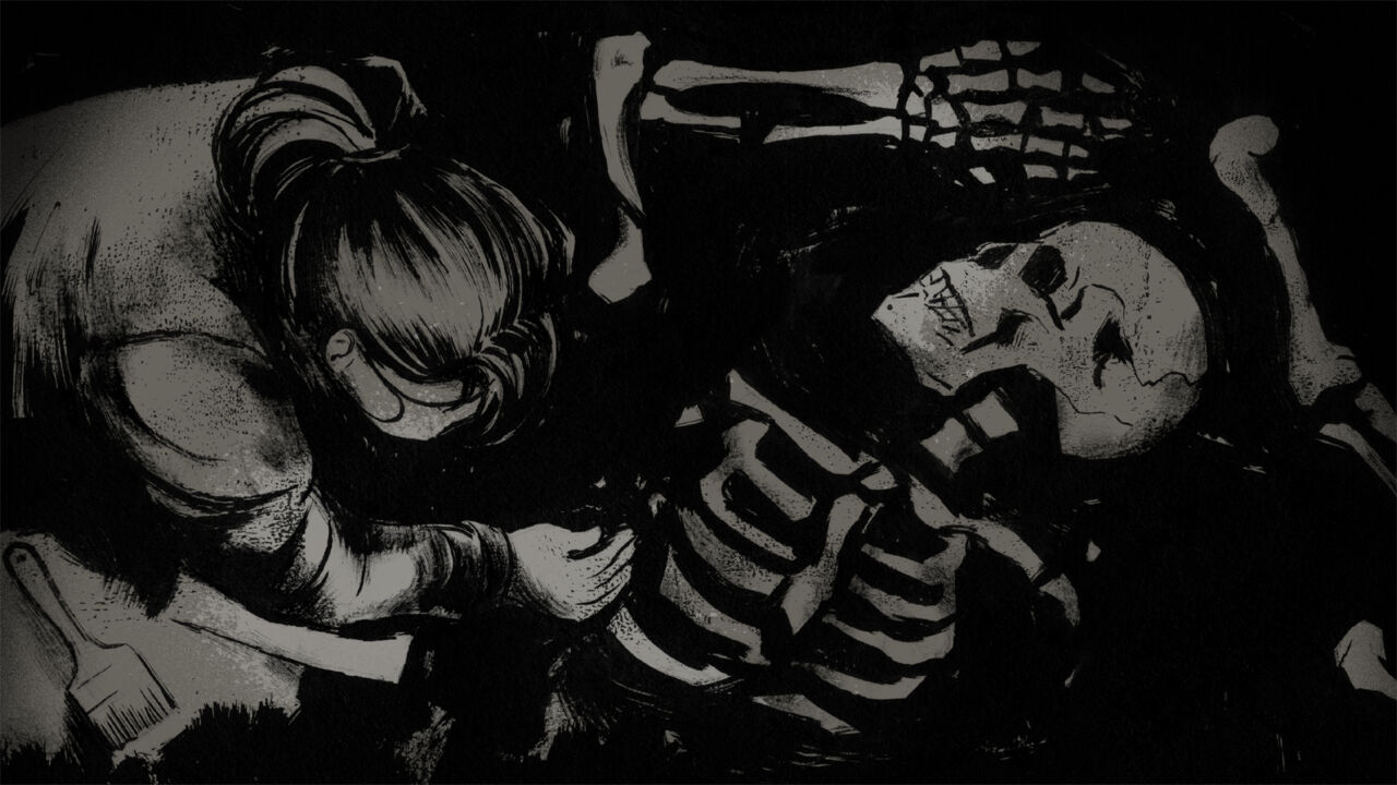 Black and white iIllustration of a woman forensic scientist digging up a human skeleton.