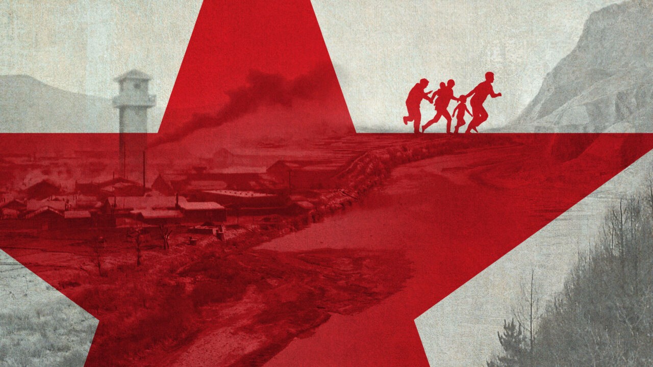 Illustration of a transparent red star laid over a military camp. Three adults and two children are shown fleeing atop the red star.