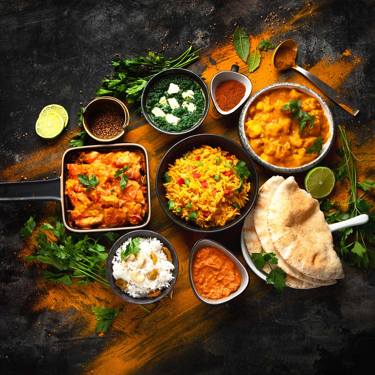 A table of assorted South Asian dishes and spices, like curries, rice, and coriander.