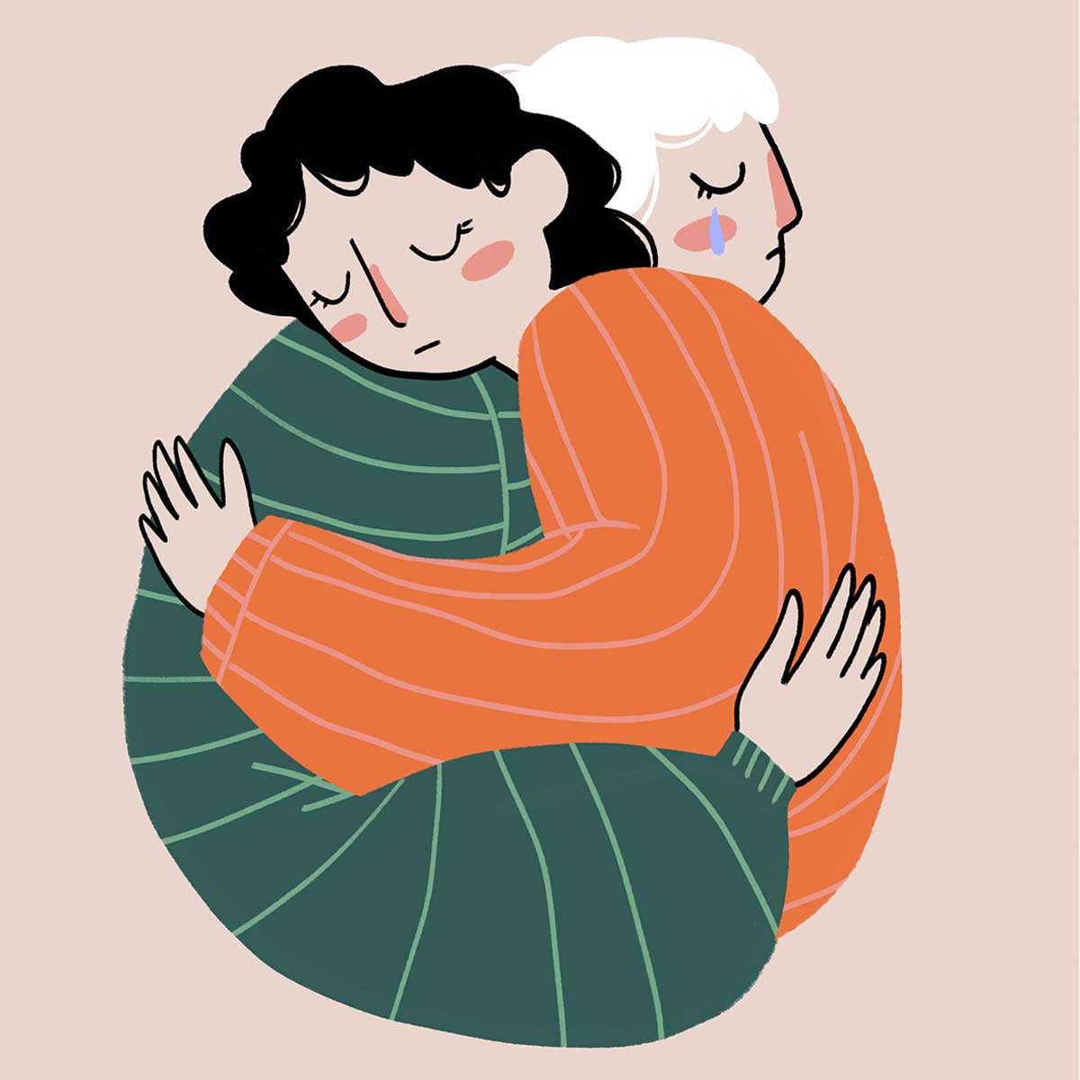 Graphic illustration of two women hugging each other to console. Drawing by By Addictive Creative via Shutterstock