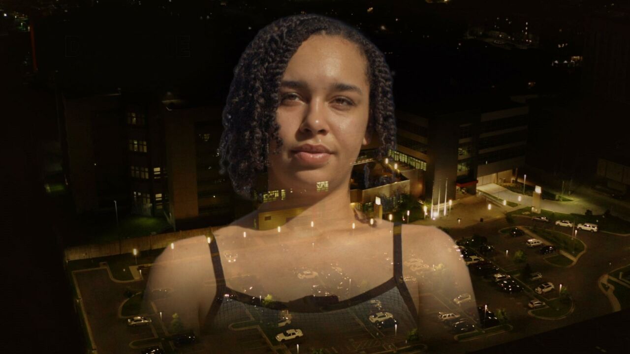 A photograph of a woman with medium-dark skin tone and short braids is superimposed over a government building at night.