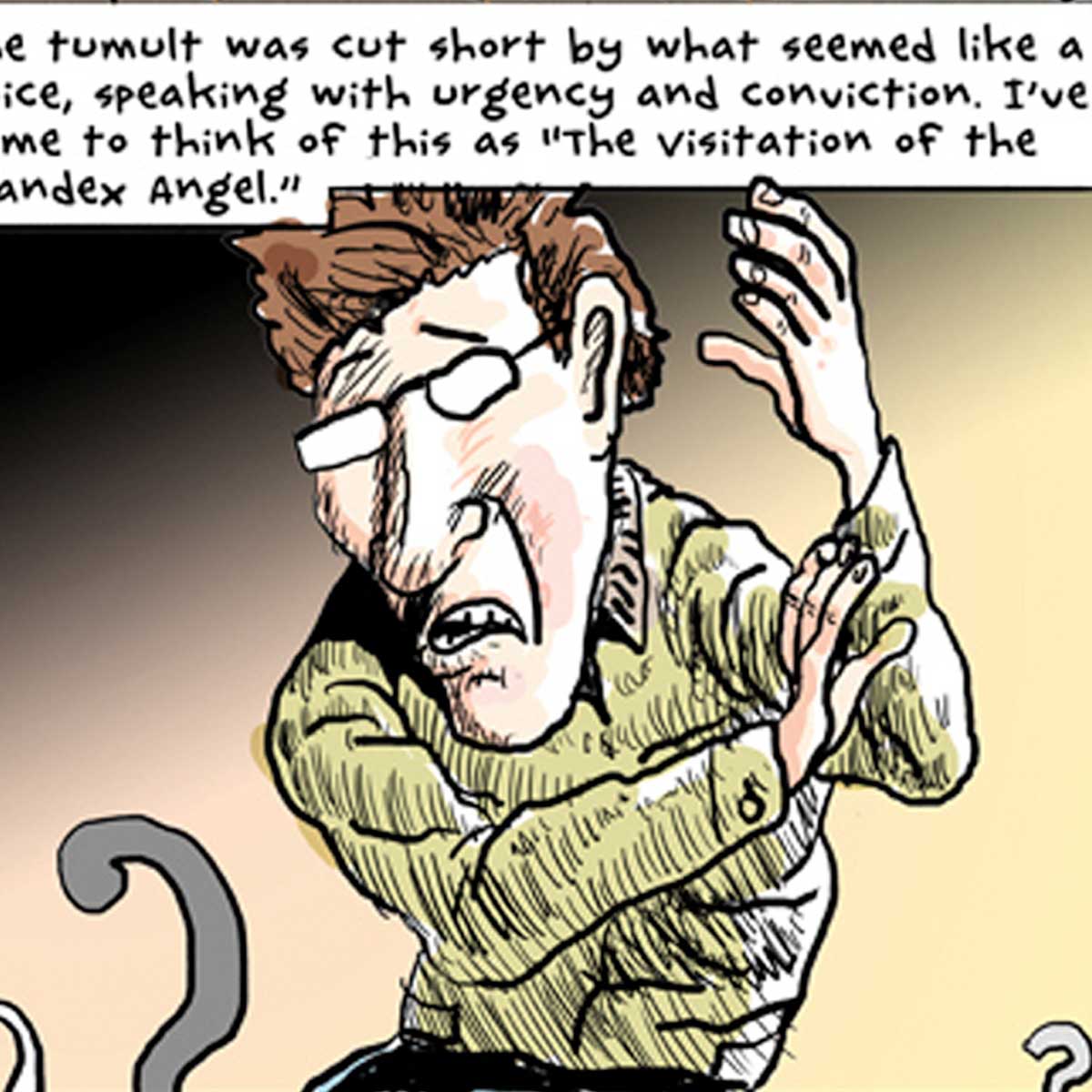 A cartoon panel depicting a man with light skin, glasses, and brown hair holding his arm that is shaking from Parkinson's disease.