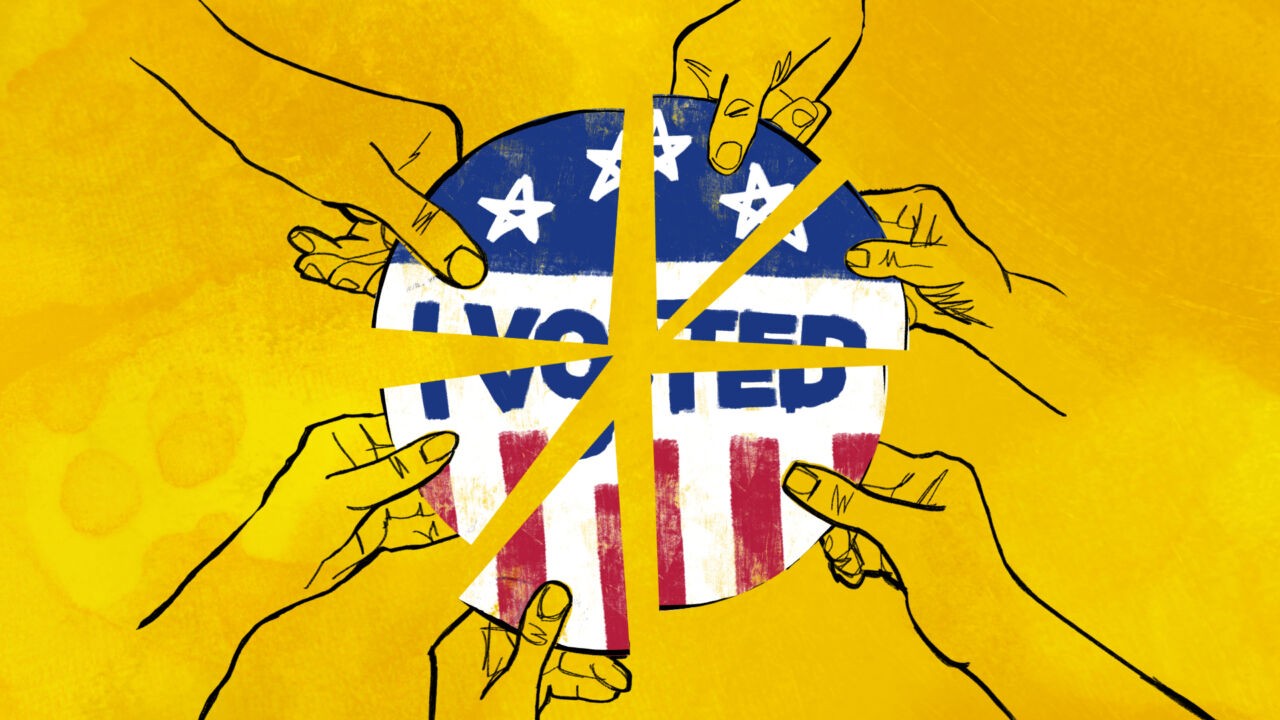 Illustration of six hands each taking a slice of a round "I Voted" sticker.