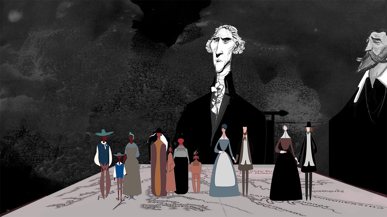 Illustration of a white man in colonial garb towering over miniature couples and families.