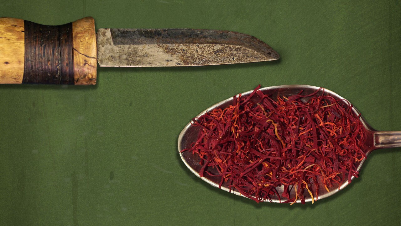 Hunting knife on a table with a spoon of saffron below it