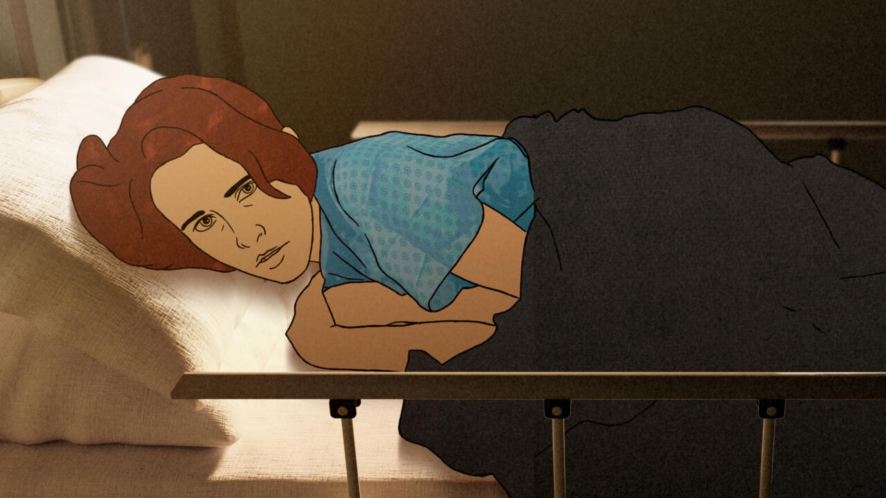 Cartoon woman laying in hospital bed looking at viewer