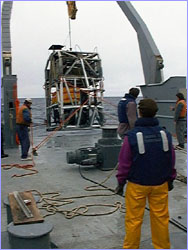 Thompson crew helps launch ROPOS from fantail.