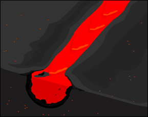 illustration: lava flow with top of the channel begining to solidify, forming a tunnel