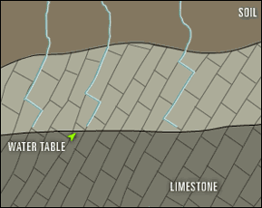 illustration: water seeps to water table and through cracks in the limestone