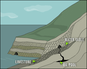 illustration: water seeps to water table and through cracks in the limestone