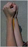 Photograph of hands held together, holding a ping-pong ball, with a pencil trapped between the two arms
