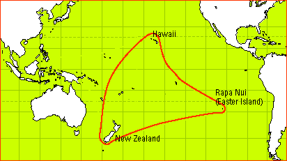 Map of Pacific Ocean, depicting migration triangle between  Hawaii, New Zealand, and Easter Island