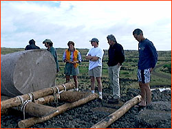 Photo of moai near the top of the ramp, about two meters from the pedestal on
which it will rest. Pictured L-R are Edmundo (back to camera), Claudio, Jo
Anne, Ted, Jan, and Darus, with the pedestal at Darus' feet, but between
Darus and the camera.