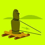 Illustration of moai on sled runners moving on log rollers