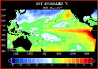 Single frame of animation of satellite measurements of ocean temps, showing warm water mass