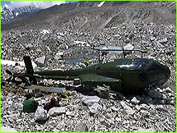 Crashed helicopter lying on its side