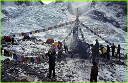 Flags with Icefall in background