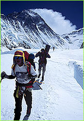 Sherpas climbing along rope